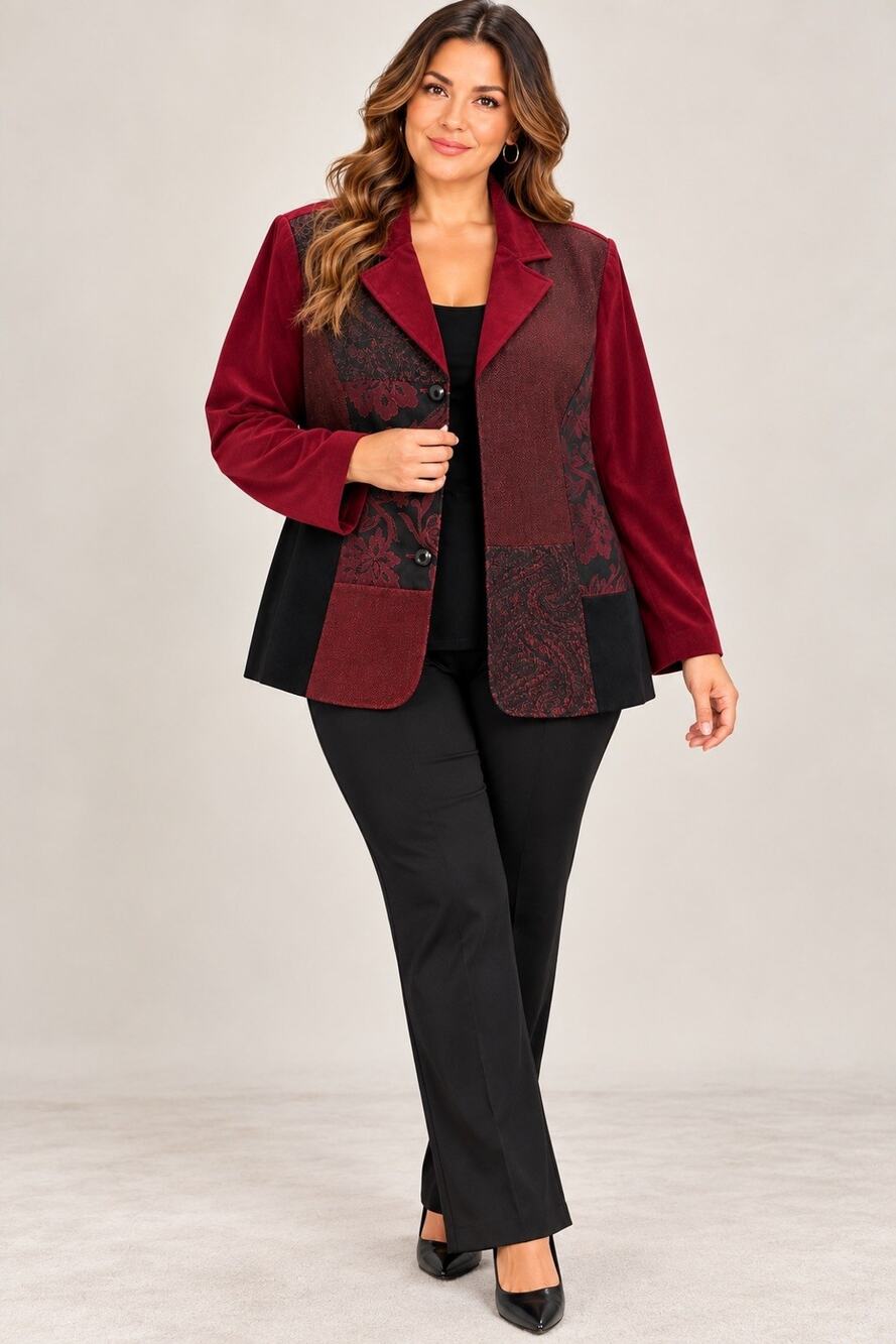 Notations Women’s 1X Burgundy/Black Floral Patchwork Button Front Lined Jacket